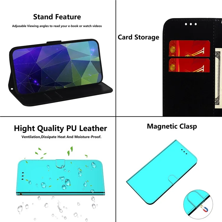 Para el caso de Samsung Galaxy A55 5G Leather Case Mirror-Like Surface Wallet Cover con correa - Cian