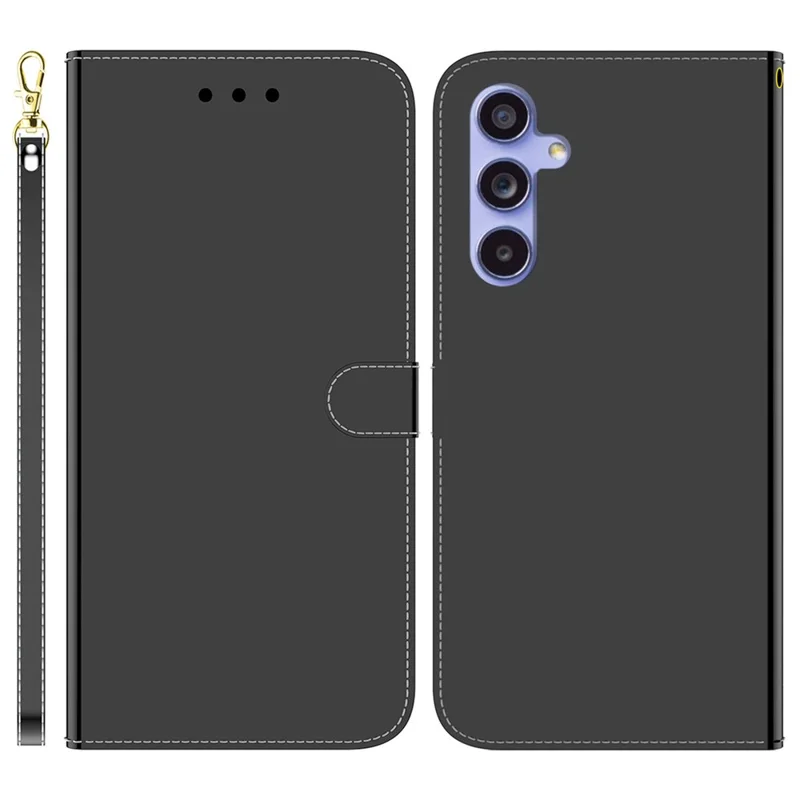 For Samsung Galaxy A55 5G Leather Case Mirror-Like Surface Wallet Cover with Strap - Black