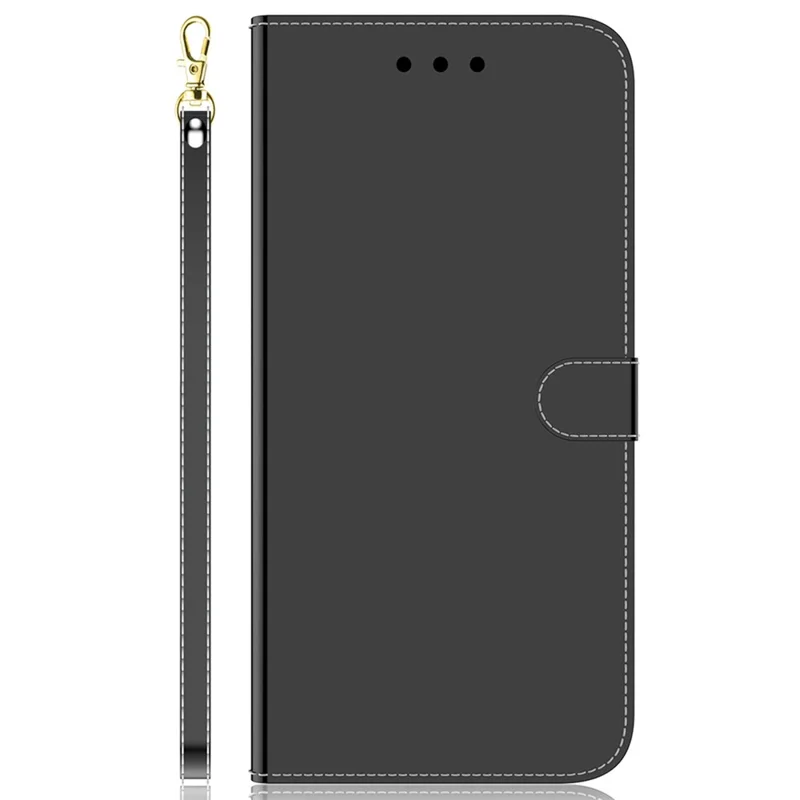 For Samsung Galaxy A55 5G Leather Case Mirror-Like Surface Wallet Cover with Strap - Black