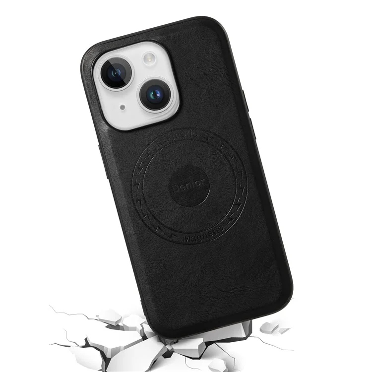 Carcasa magnética para teléfono DENIOR Cowhide Texture PU Leather Back Cover para iPhone 15 - Negro