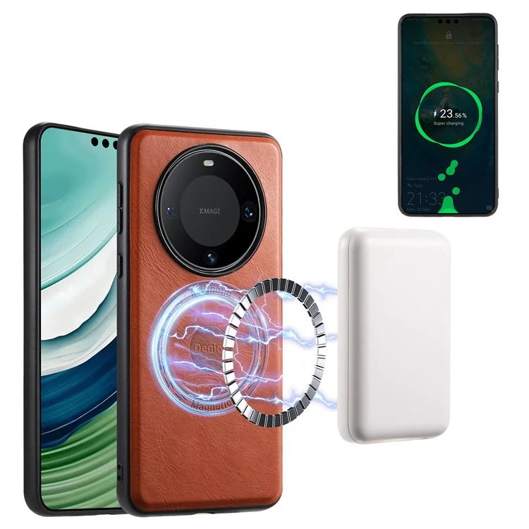 DENIOR Für Huawei Mate 60 Pro / Mate 60 Pro+ Magnetische Hülle mit Rindsleder-Optik - Braun