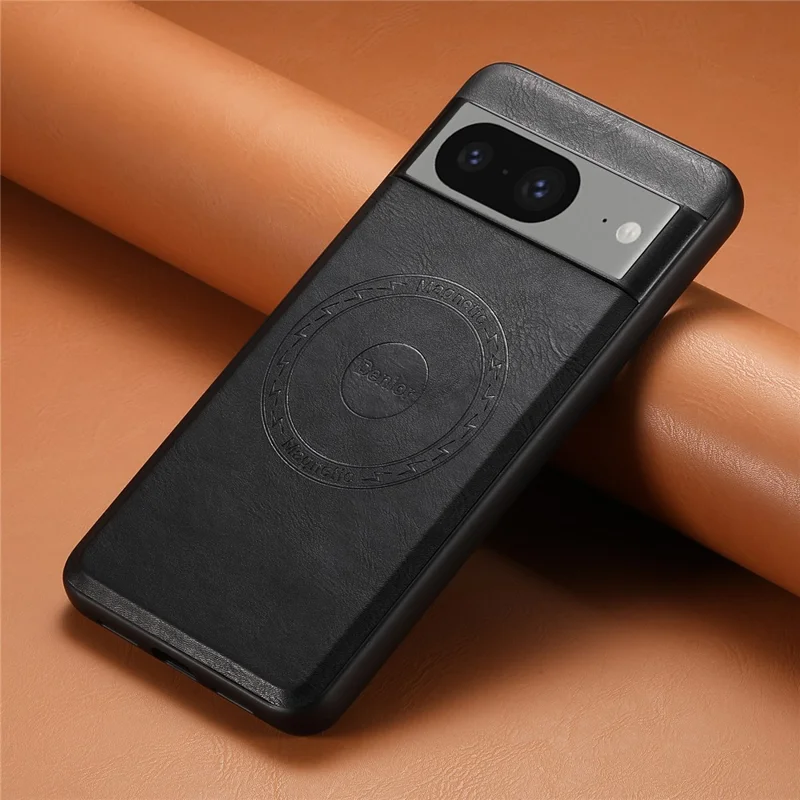 DENIOR For Google Pixel 8 Magnetic Phone Case Leather Coated PC+TPU Cover - Black