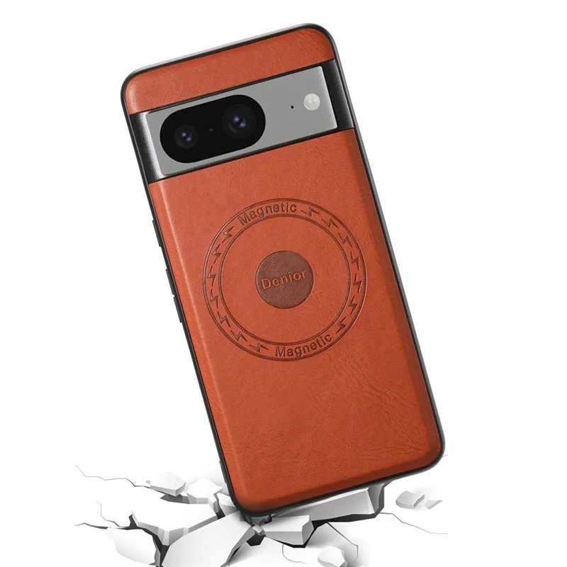DENIOR For Google Pixel 8 Magnetic Phone Case Leather Coated PC+TPU Cover - Brown