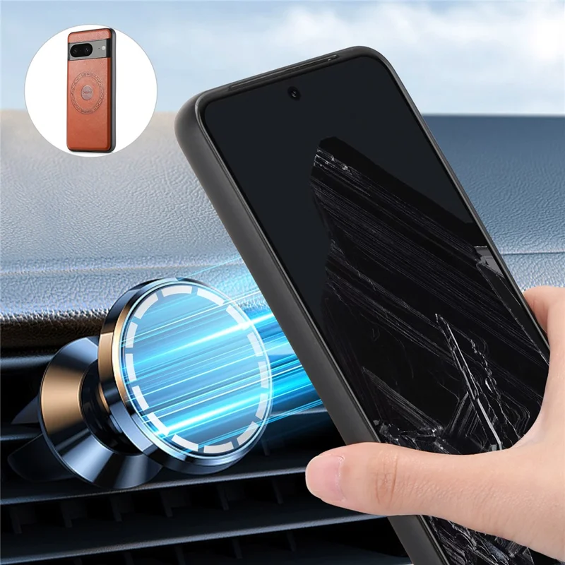 DENIOR For Google Pixel 8 Magnetic Phone Case Leather Coated PC+TPU Cover - Brown