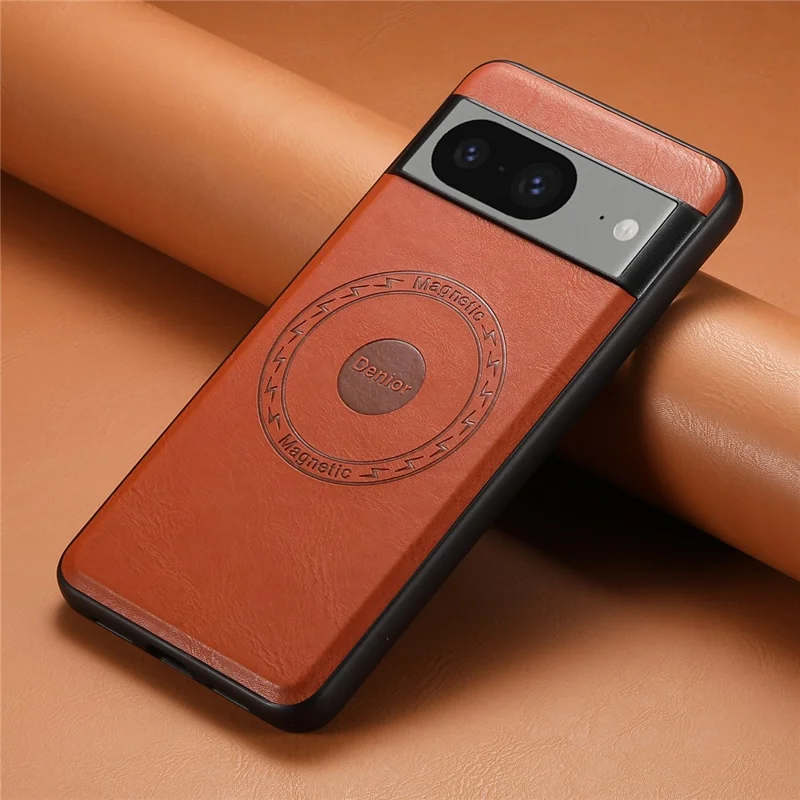 DENIOR For Google Pixel 8 Magnetic Phone Case Leather Coated PC+TPU Cover - Brown