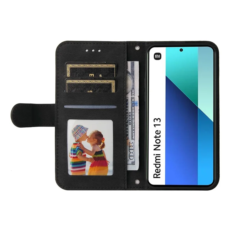 For Xiaomi Redmi Note 13 4G Leather Wallet Cases Skin Touch Phone Cover Stand with Strap - Black