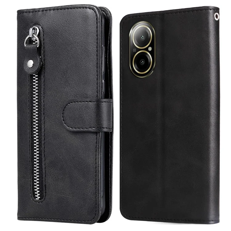 For Realme C67 4G Case Calf Texture Leather Phone Cover Zipper Pocket - Black