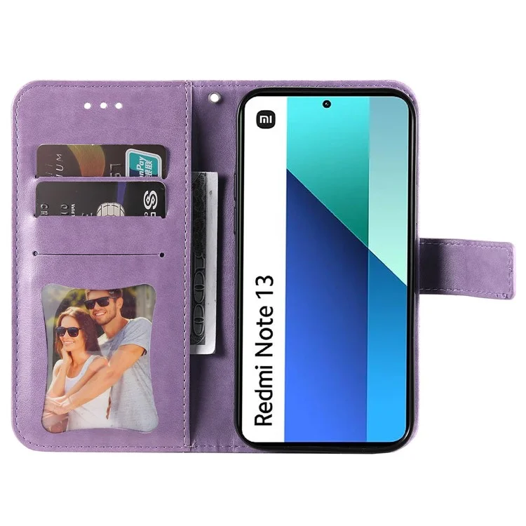 For Xiaomi Redmi Note 13 4G Case Floral Pattern PU Leather Wallet Stand Phone Cover - Purple