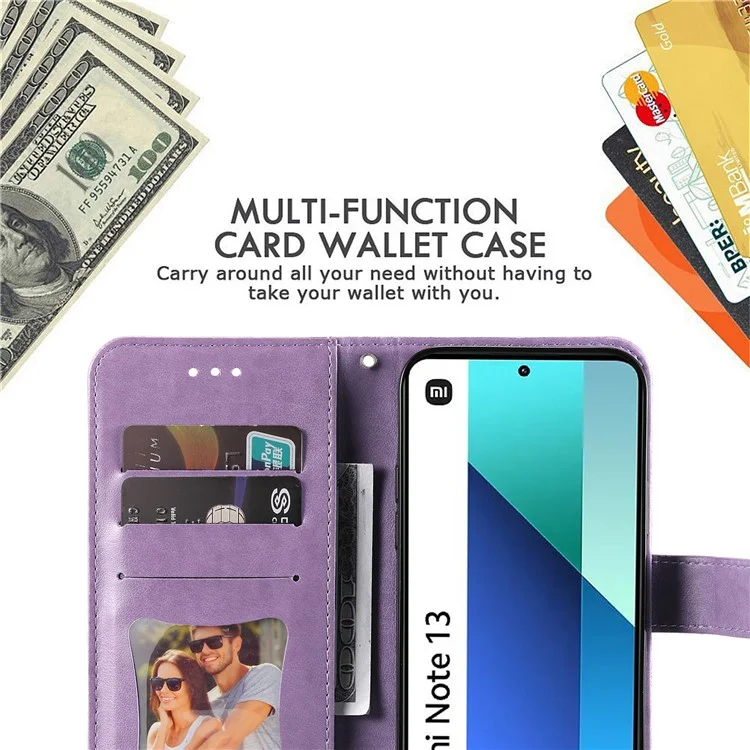 For Xiaomi Redmi Note 13 4G Case Floral Pattern PU Leather Wallet Stand Phone Cover - Purple