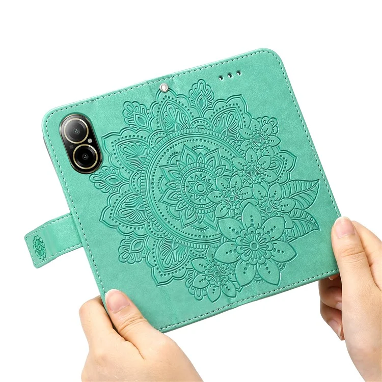 Para Realme C67 4G Case Flower Leather Phone Cover com Hand Strap - Verde