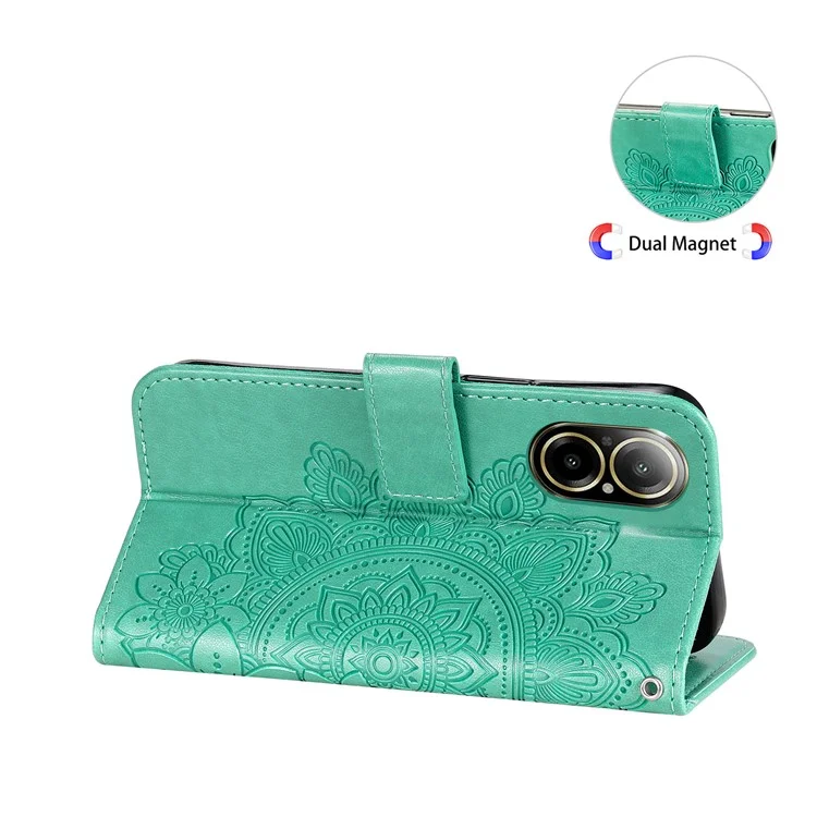 Para Realme C67 4G Case Flower Leather Phone Cover com Hand Strap - Verde