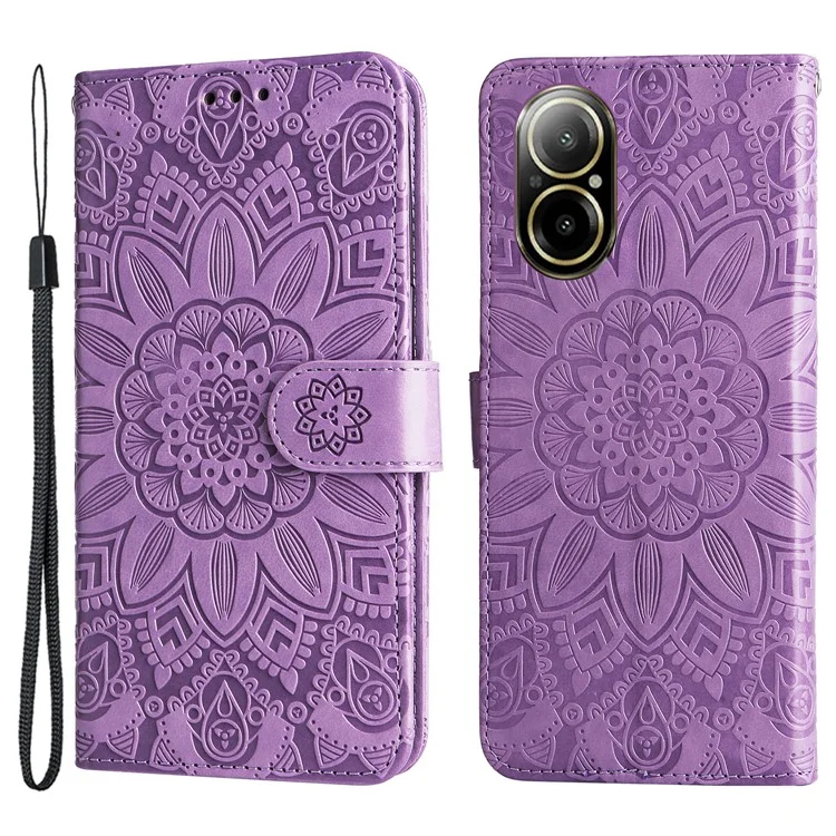 Case de Telefone Celular 4G Realme C67, Capa de Couro PU Estampada com Apoio - Roxo