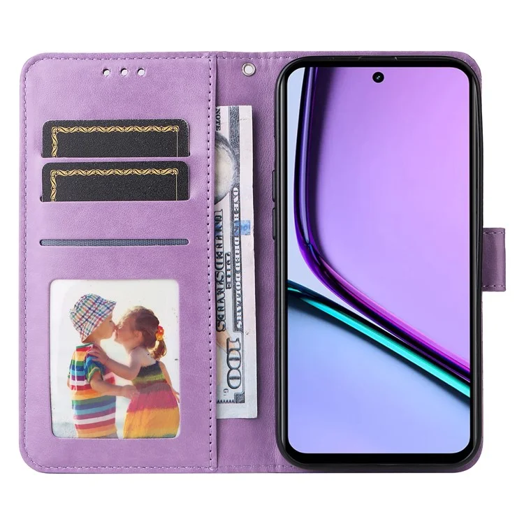 Case de Telefone Celular 4G Realme C67, Capa de Couro PU Estampada com Apoio - Roxo