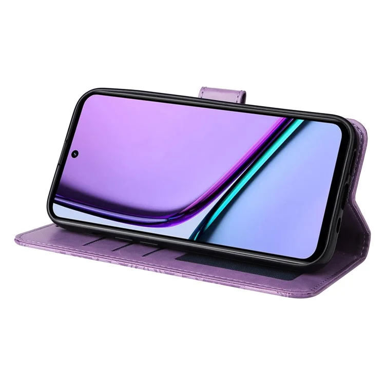 Case de Telefone Celular 4G Realme C67, Capa de Couro PU Estampada com Apoio - Roxo