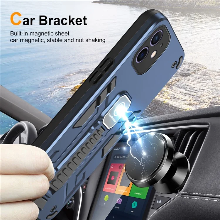 For iPhone 12 Phone Case Kickstand Cover Support Magnetic Car Mount - Blue