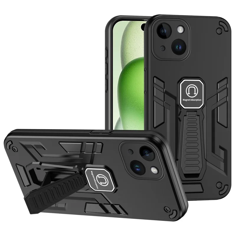 Phone Case for iPhone 15 Kickstand Drop-proof PC + TPU Hybrid Cover - Black