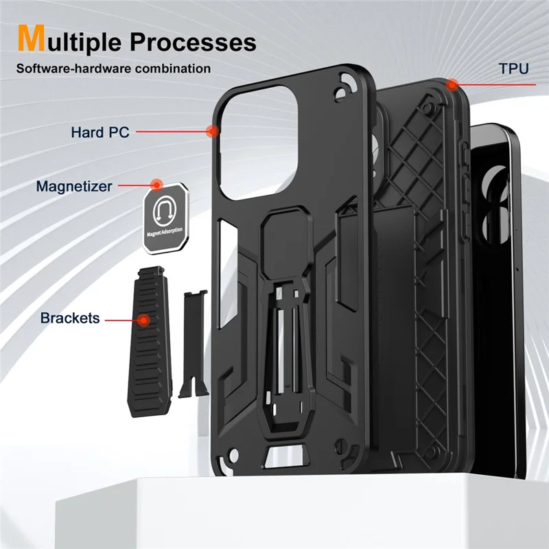 Phone Case for iPhone 15 Kickstand Drop-proof PC + TPU Hybrid Cover - Black