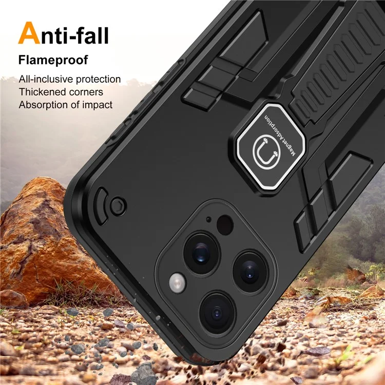 For iPhone 15 Pro Max Kickstand PC + TPU Cover Car Mount Phone Case - Black
