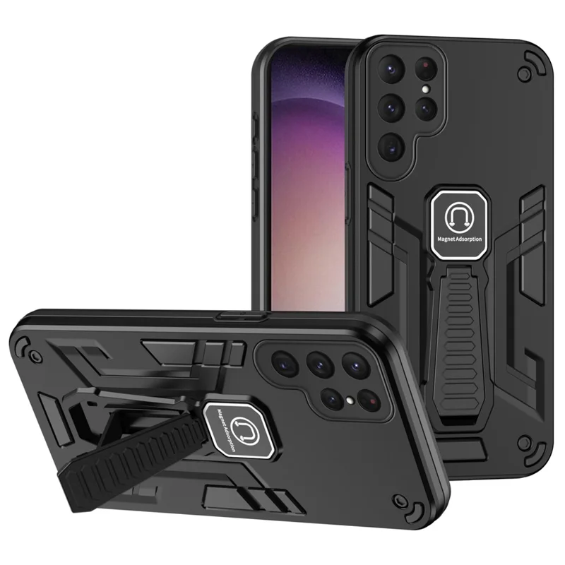 For Samsung Galaxy S24 Ultra Case Drop-resistant Kickstand Back Shell Work with Magnetic Car Mount - Black