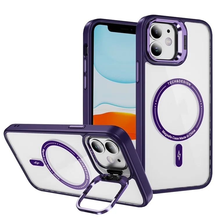 YSM For iPhone 11 Magnetic Phone Case Camera Kickstand Clear Cover - Dark Purple