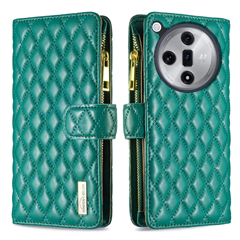 BINFEN COLOR BF Style-15 For Oppo Find X7 5G Case Phone Leather Cover Zipper Pocket - Green