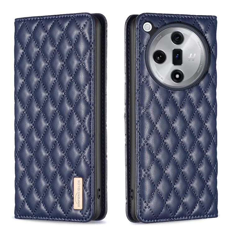 BINFEN COLOR BF Style-16 Pour Oppo Find X7 5G Étui Rhombus Grid Housse en cuir avec fentes pour cartes - Bleu