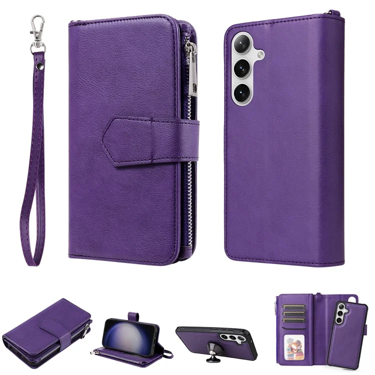 KT Série multifonctionnelle-4 pour Samsung Galaxy S25 / S24 Étui magnétique avec fentes pour cartes Support Fermeture éclair Housse de téléphone - Violet