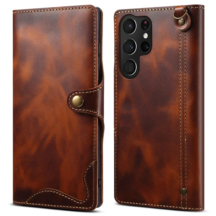 For Samsung Galaxy S24 Ultra Cell Phone Case Buckled Retro Oil Wax Wallet Cover - Brown