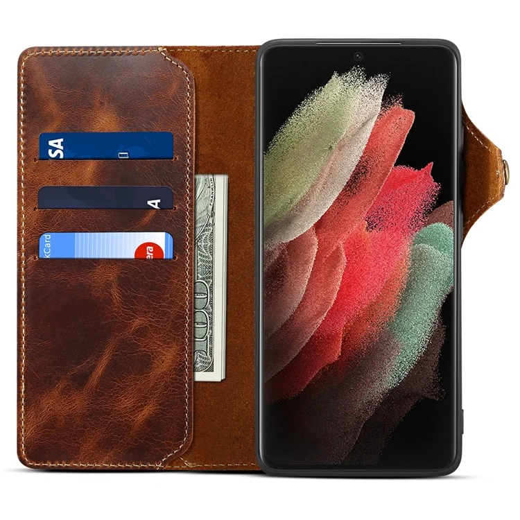 For Samsung Galaxy S24 Ultra Cell Phone Case Buckled Retro Oil Wax Wallet Cover - Brown