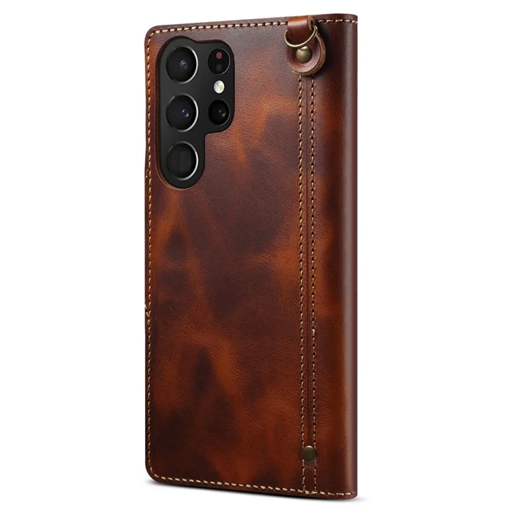 For Samsung Galaxy S24 Ultra Cell Phone Case Buckled Retro Oil Wax Wallet Cover - Brown
