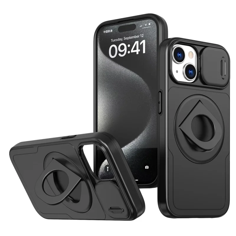 For iPhone 15 Magnetic Case Camera Protection Phone Cover Anti-Drop Ring Kickstand - Black