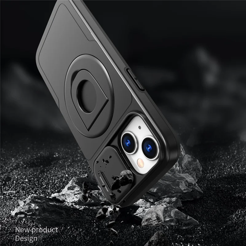 For iPhone 15 Magnetic Case Camera Protection Phone Cover Anti-Drop Ring Kickstand - Black