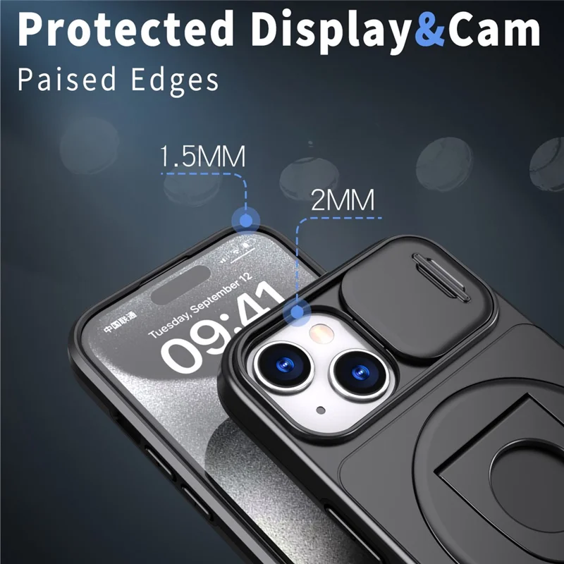 For iPhone 15 Magnetic Case Camera Protection Phone Cover Anti-Drop Ring Kickstand - Black