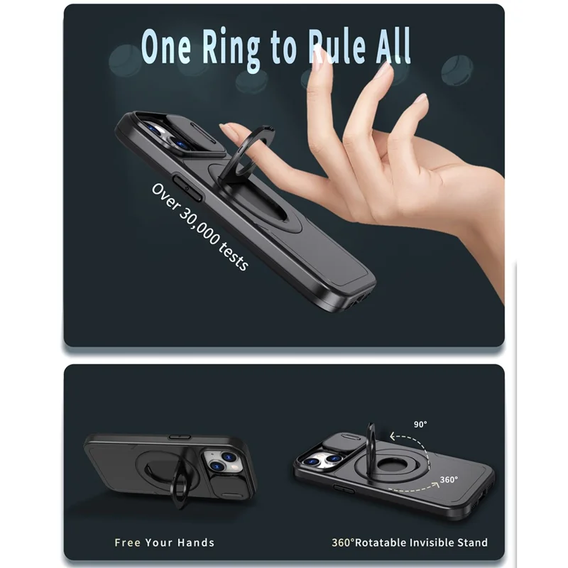 For iPhone 15 Magnetic Case Camera Protection Phone Cover Anti-Drop Ring Kickstand - Black