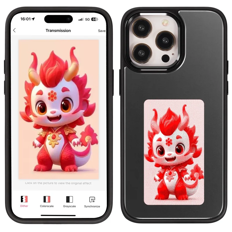 For iPhone 15 Pro Phone Case 3-Color E Ink Case Protective Wireless Projection - Black