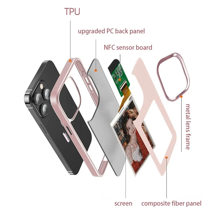 For iPhone 15 Pro Max Phone Case NFC Customized Cover 3-Color E Ink Case DIY Smart Display - Pink