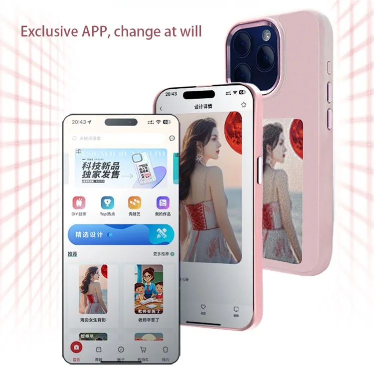 For iPhone 15 Pro Max Phone Case NFC Customized Cover 3-Color E Ink Case DIY Smart Display - Pink