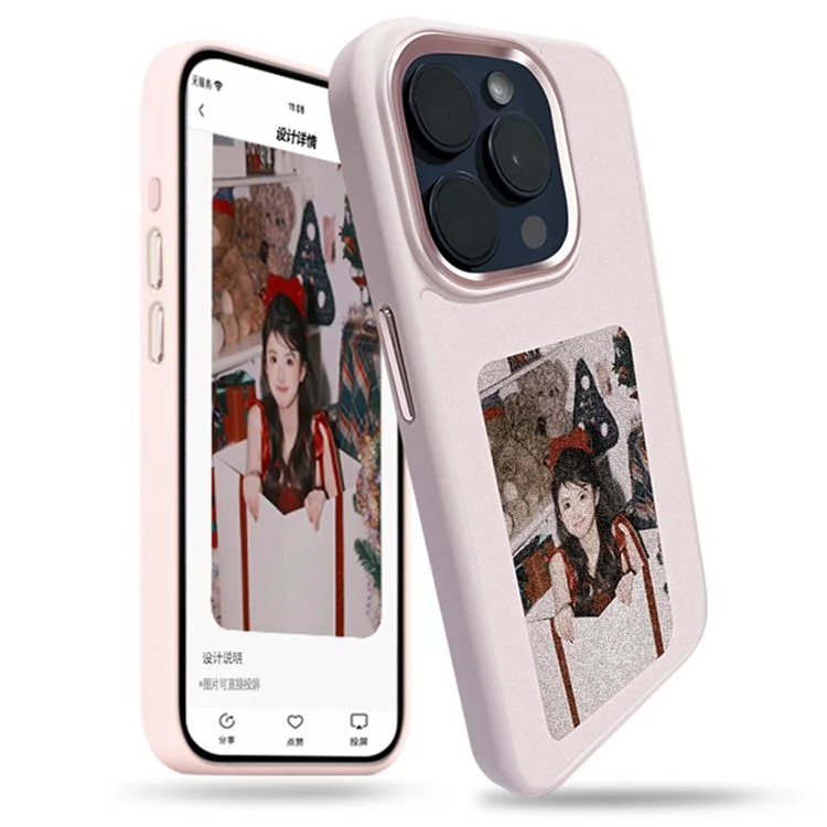 For iPhone 15 Pro Max Phone Case NFC Customized Cover 3-Color E Ink Case DIY Smart Display - Pink
