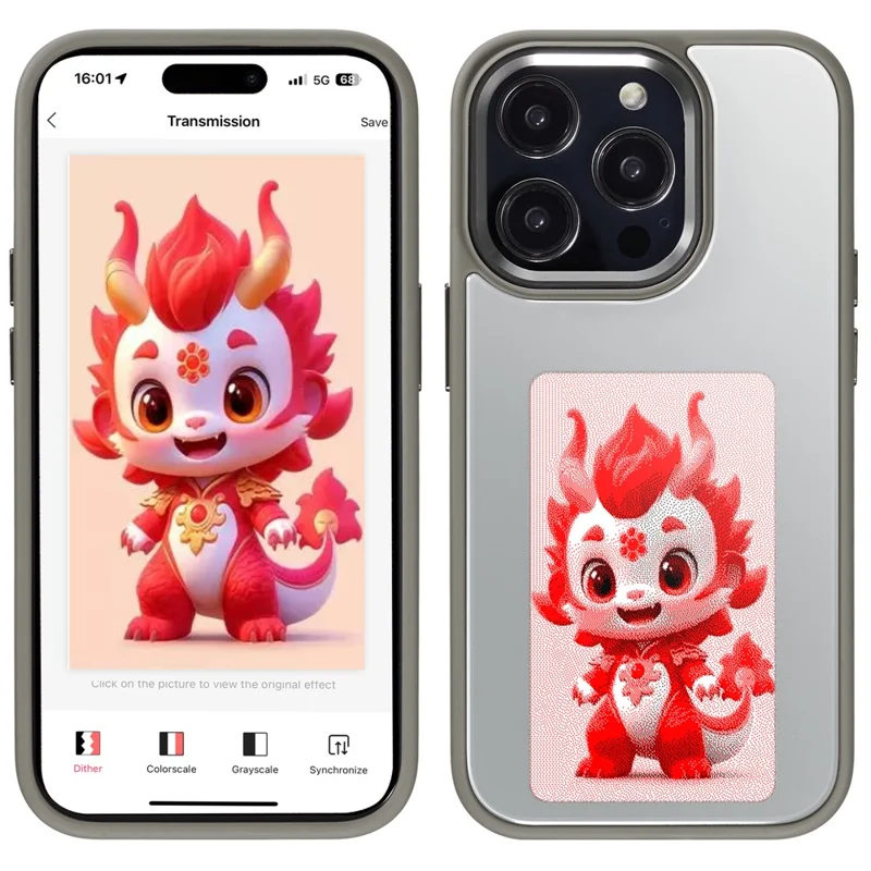 For iPhone 15 Pro Max Phone Case NFC Customized Cover 3-Color E Ink Case DIY Smart Display - Grey