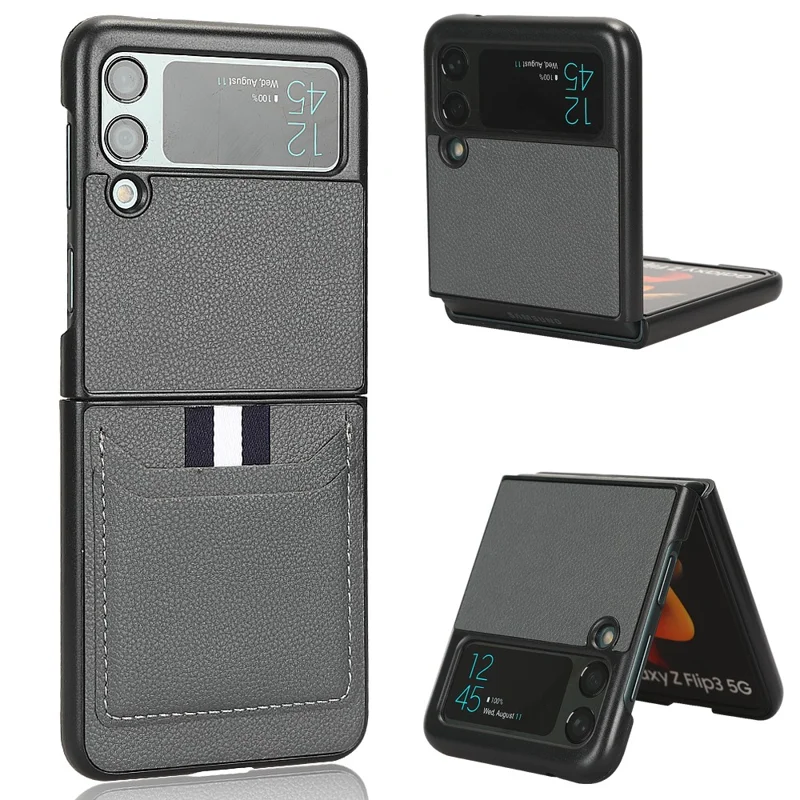 For Samsung Galaxy Z Flip3 5G Case PU Leather Card Holder Phone Back Cover - Grey