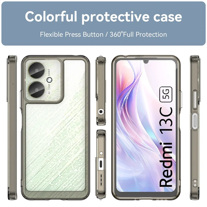 For Xiaomi Redmi 13C 4G / 5G / 13R 5G / Poco M6 5G / Poco C65 4G Hybrid Case TPU+Acrylic Phone Back Cover - Transparent Grey