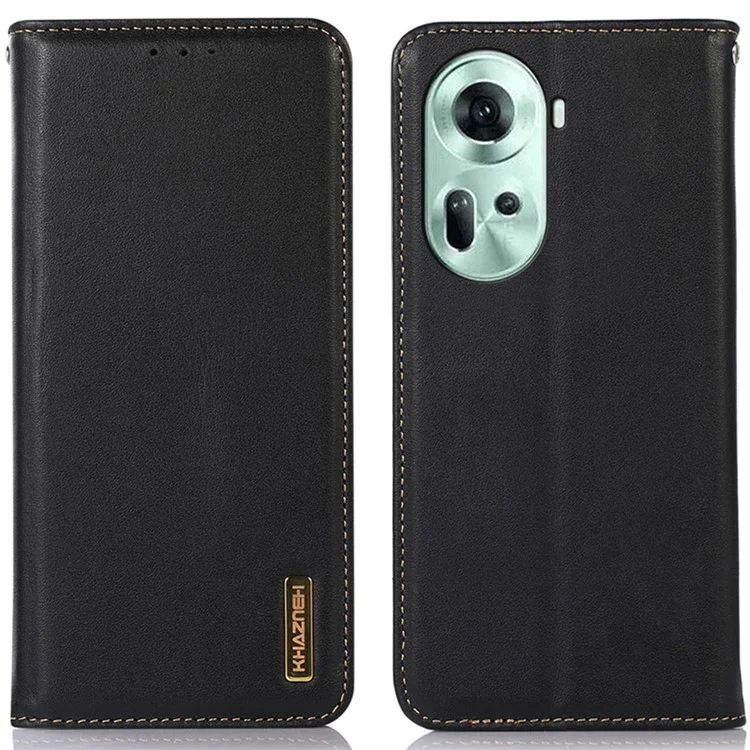 KHAZNEH Pour Oppo Reno11 5G (Global) Étui en cuir véritable de vache Nappa Texture Étui de téléphone Housse - Noir