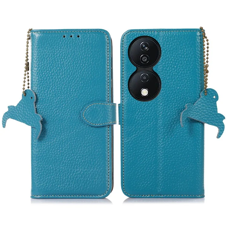 Pour Honor X7b 4G / 90 Smart Case Genuine Cow Leather RFID Blocking Cell Phone Cover - Bleu