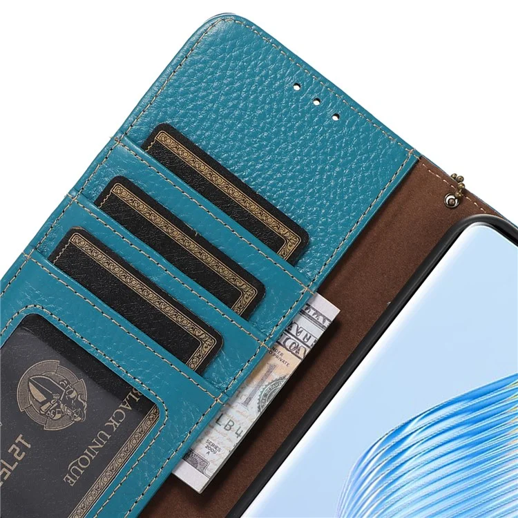 Pour Honor X7b 4G / 90 Smart Case Genuine Cow Leather RFID Blocking Cell Phone Cover - Bleu