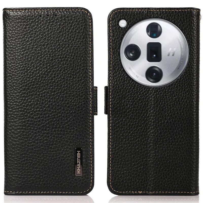 KHAZNEH Für Oppo Find X7 5G Case Genuine Cow Leather+TPU Litchi Texture Phone Cover - Schwarz