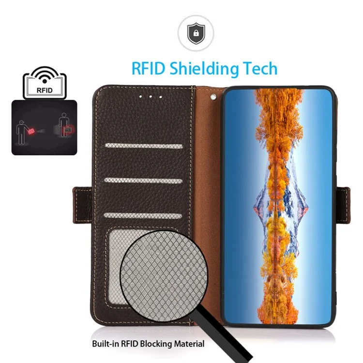 KHAZNEH Pour Oppo Reno11 5G (Global) Étui magnétique RFID Blocking Litchi Texture Coque de téléphone - Marron