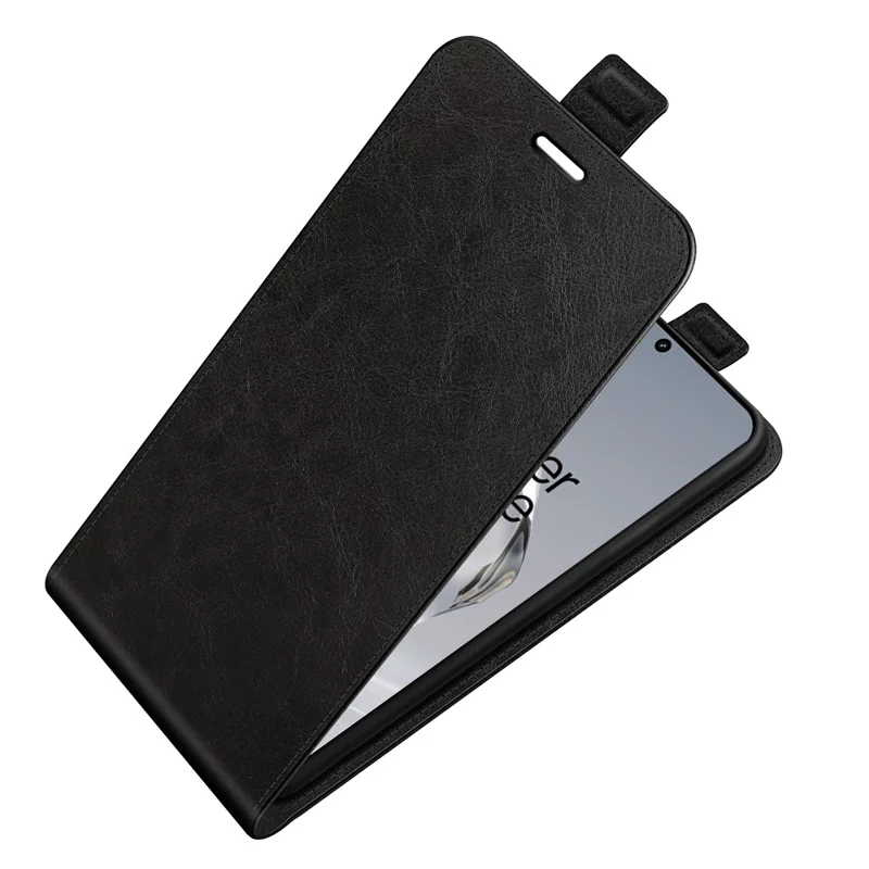 For OnePlus 12 5G Case with Card Holder Vertical Flip Crazy Horse Texture Phone Cover - Black