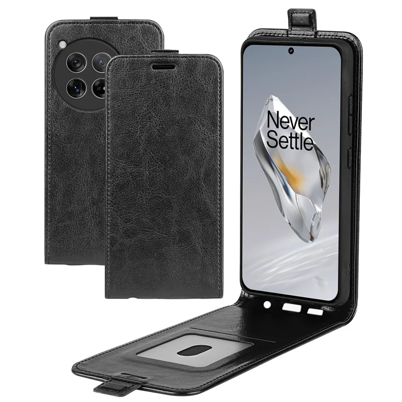 For OnePlus 12 5G Case with Card Holder Vertical Flip Crazy Horse Texture Phone Cover - Black