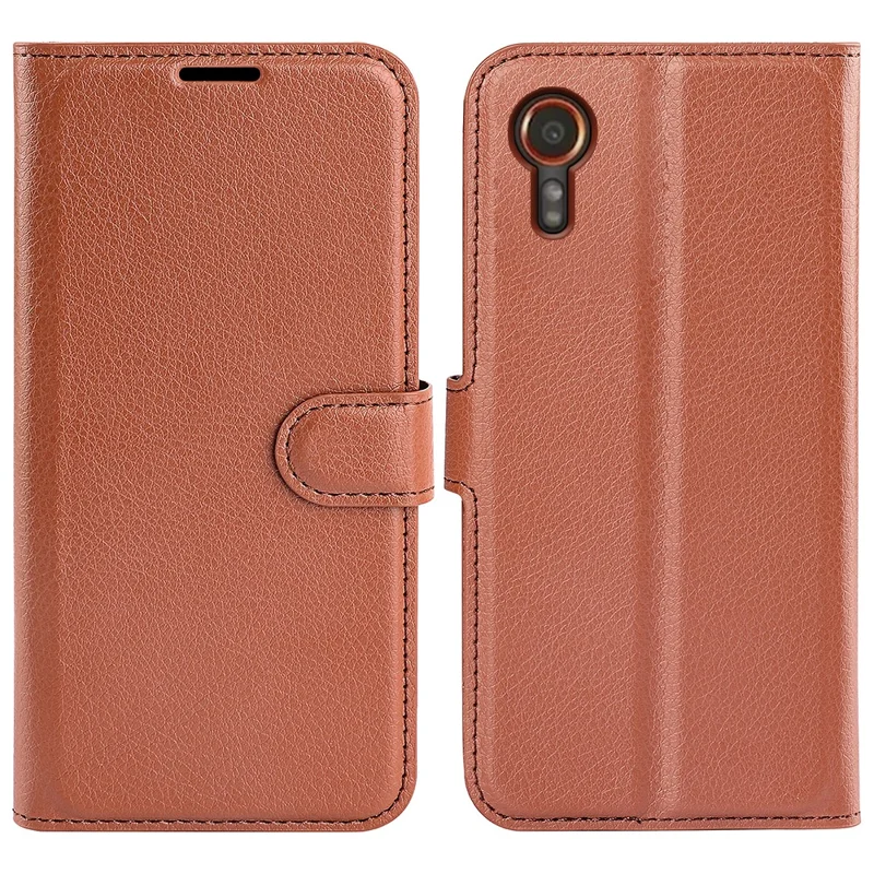 Para Samsung Galaxy Xcover7 Litchi Texture PU Leather Wallet Case Card Slot Stand Phone Cover - Marrom
