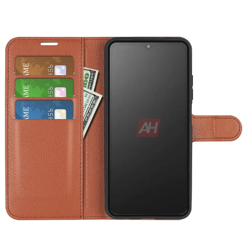 Para Samsung Galaxy Xcover7 Litchi Texture PU Leather Wallet Case Card Slot Stand Phone Cover - Marrom